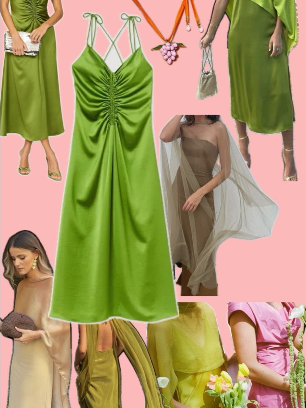 Sandro Bright Green Satin Ruched Tie-Shoulder Midi Dress